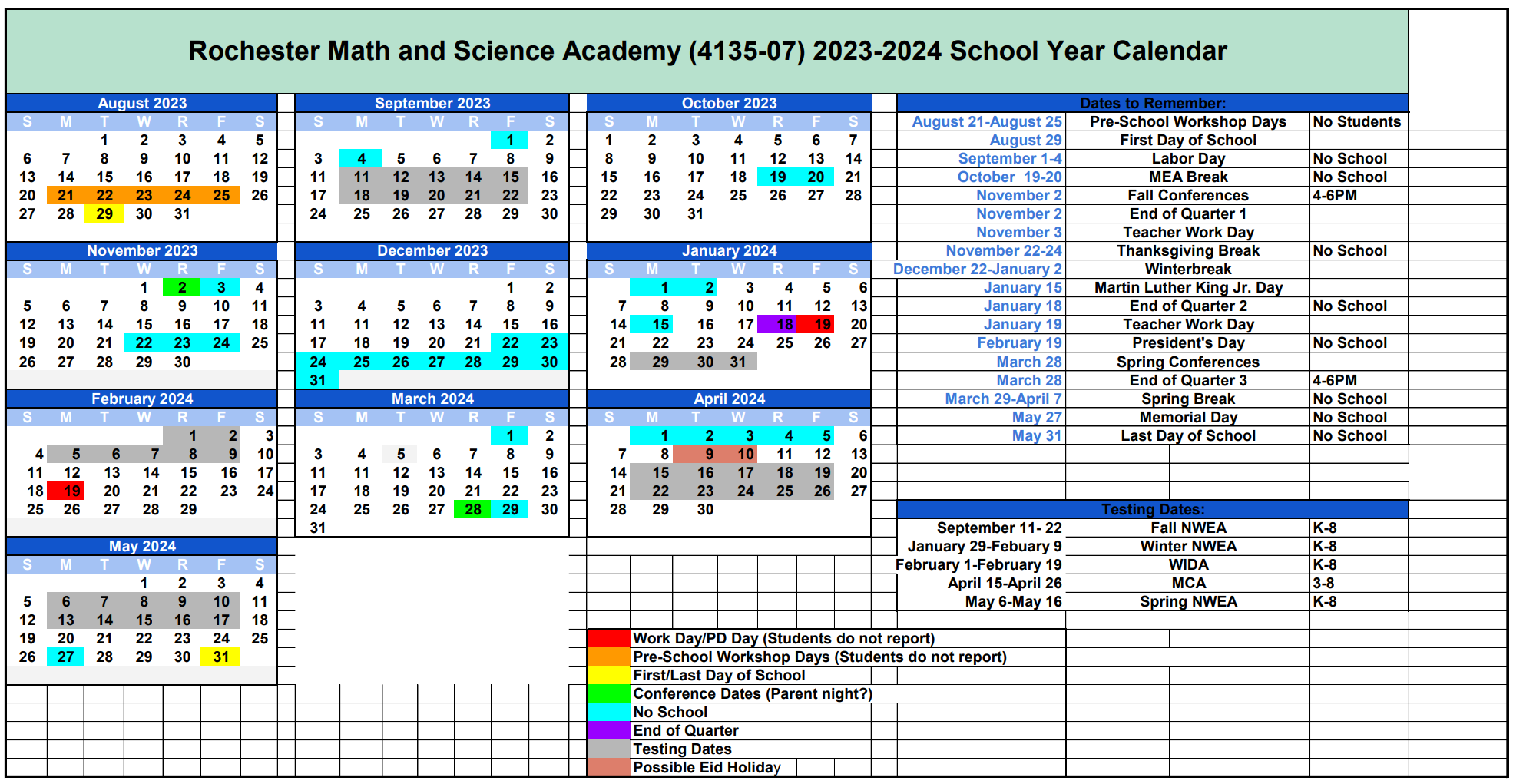Calendar Rochester Math and Science Academy